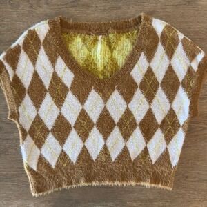 Free People Through the Motions Argyle Oversize Sweater Vest-Brown/White-Size XS